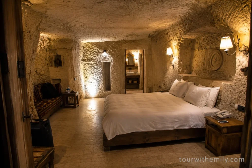 Interior of a traditional cave hotel room in Cappadocia carved into ancient volcanic rock with modern furnishings