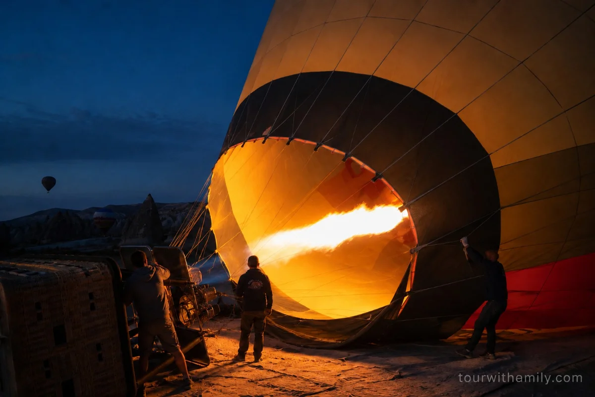 Woman watching hot air balloons over Cappadocia valley at sunrise