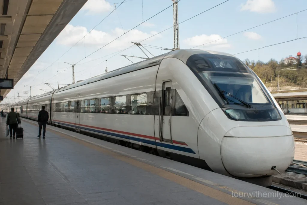 Turkish high-speed train on platform at Ankara station ready for departure