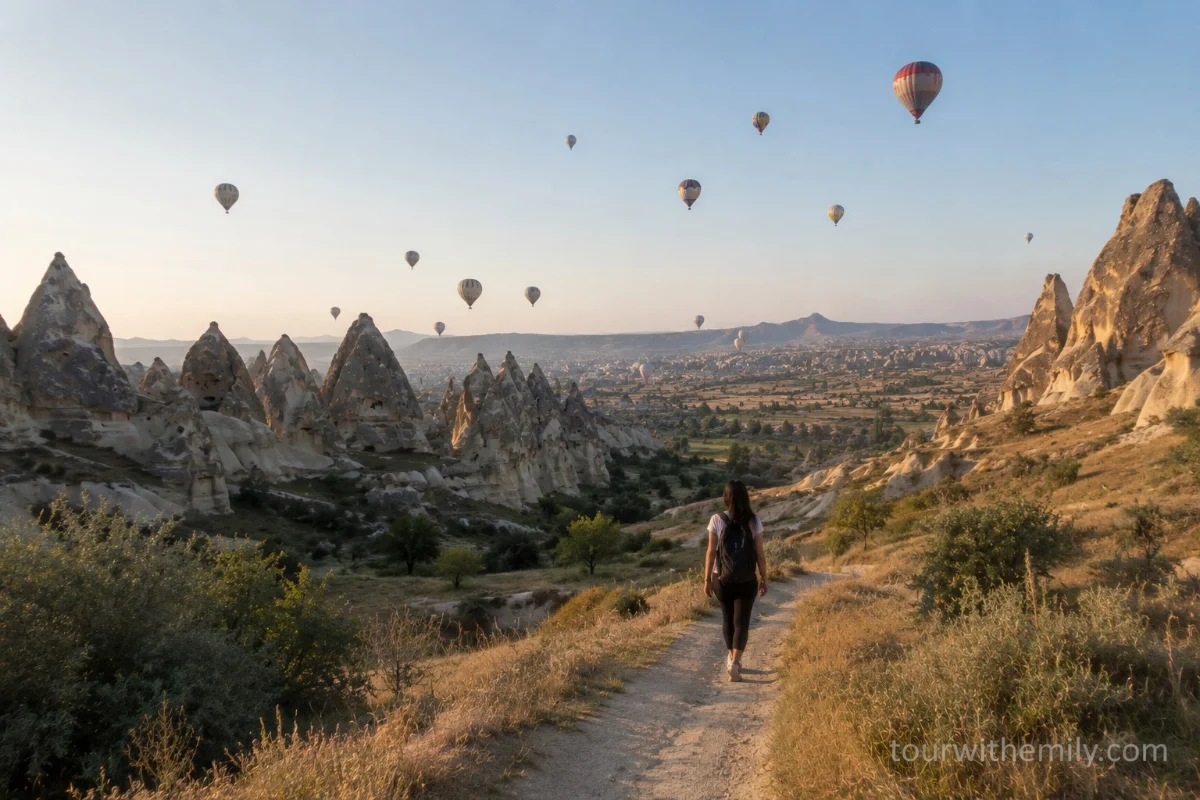 Solo female traveler hiking through Cappadocia valley with hot air balloons in the sky above fairy chimneys