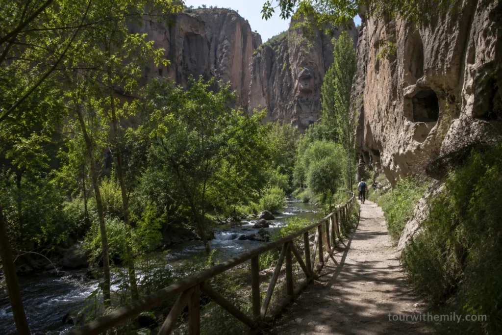 Ihlara Valley Cappadocia river canyon with green trees along the Melendiz River and steep canyon walls