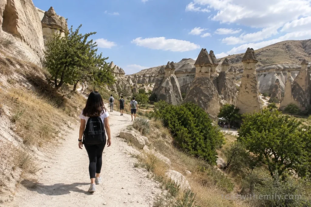 Well-marked hiking trail through Cappadocia valley with fairy chimneys and other hikers visible in the distance