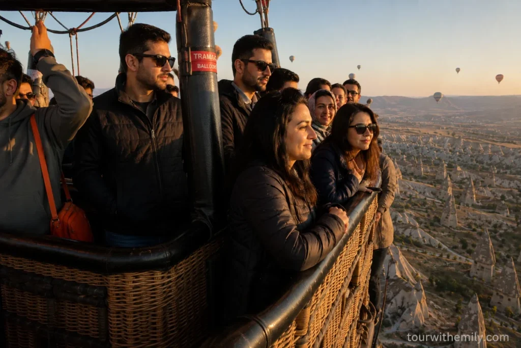Small group inside hot air balloon basket over Cappadocia