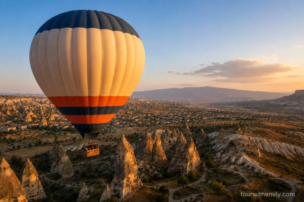 Hot air balloon in flight over Göreme valley Cappadocia