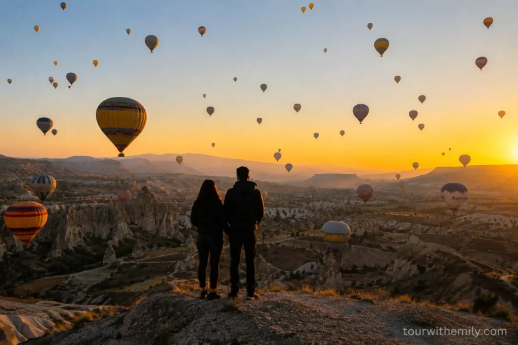 Watching hot air balloons rise over Cappadocia from hilltop viewpoint
