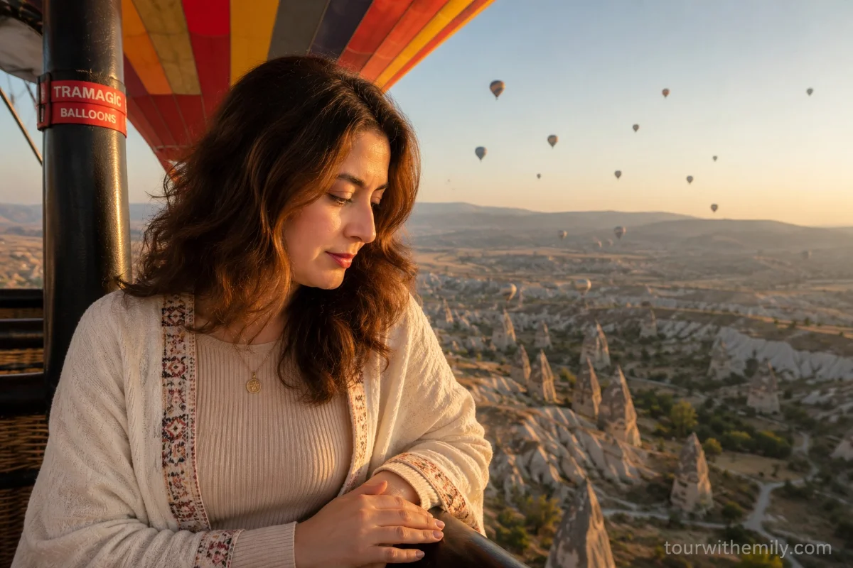 Woman watching hot air balloons over Cappadocia valley at sunrise