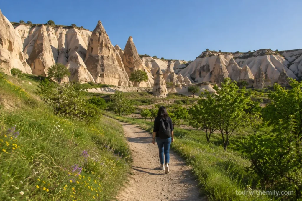Hiker on trail through Rose Valley Cappadocia in spring
