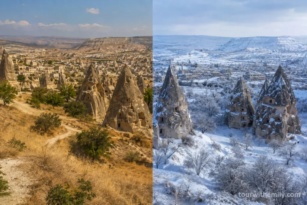 Cappadocia valley in summer and winter seasons side by side