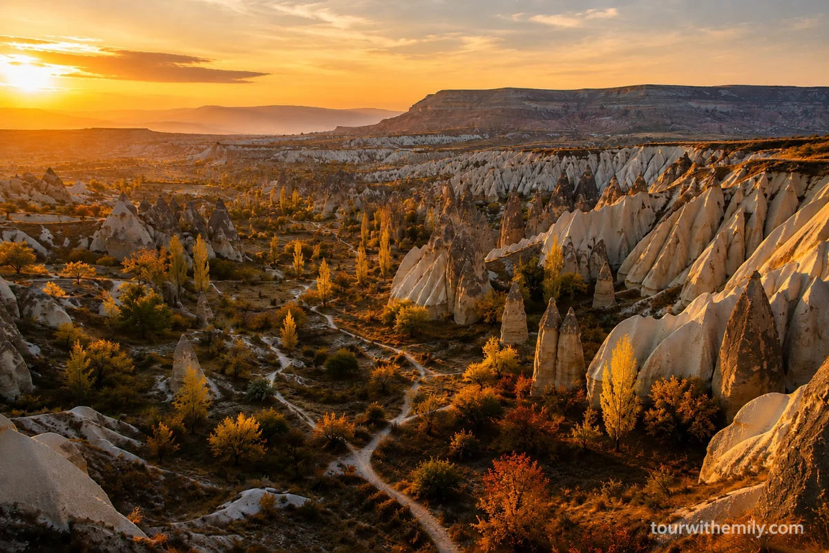 Cappadocia valley landscape in autumn with golden light on fairy chimneys