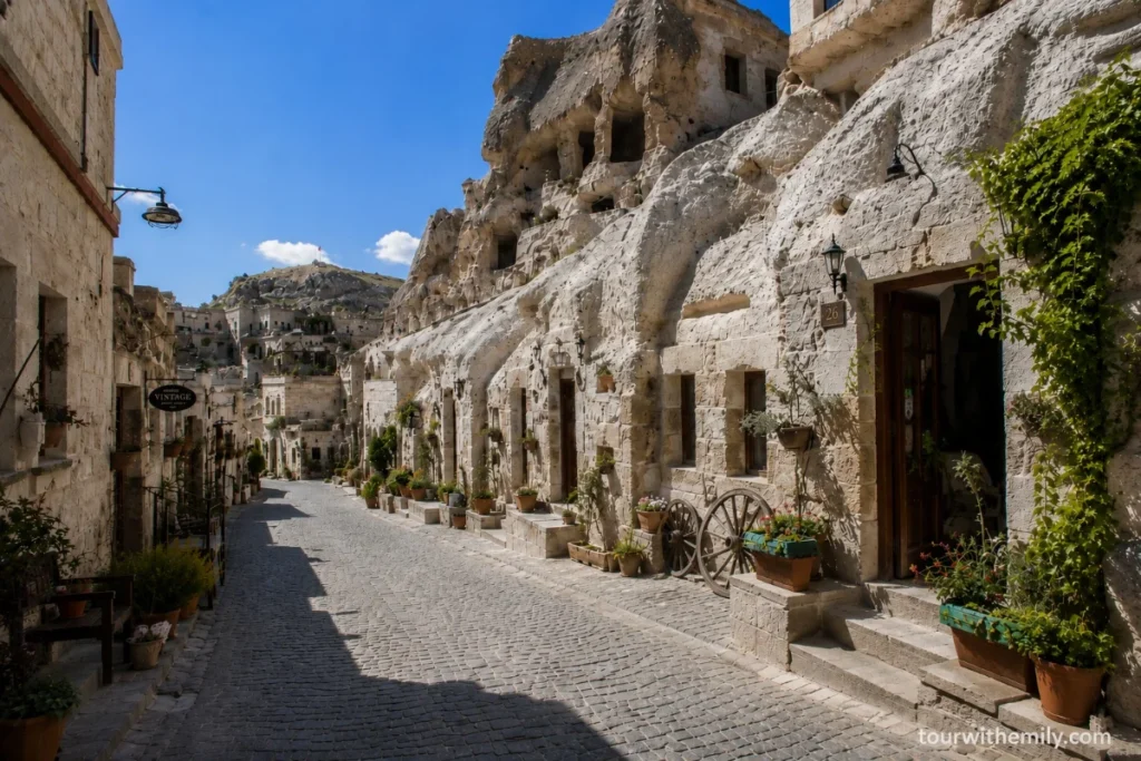 Street view of Göreme town in Cappadocia with cave hotels carved into the hillside