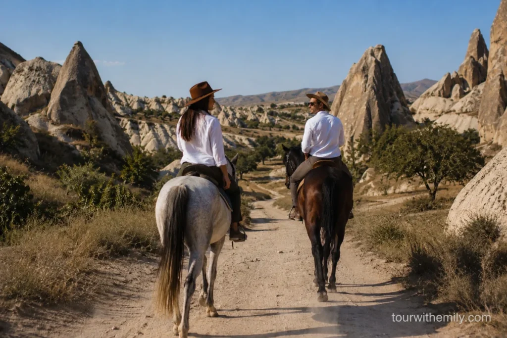 Horseback riders on a trail through Cappadocia valley with fairy chimneys visible in the distance