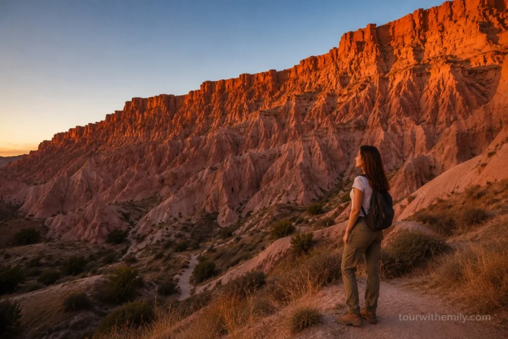 Rose Valley Cappadocia at sunset with rock formations glowing deep red and orange in the fading light