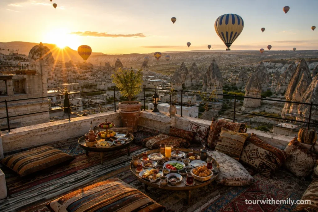 Rooftop terrace of a cave hotel in Göreme Cappadocia with hot air balloons rising at sunrise