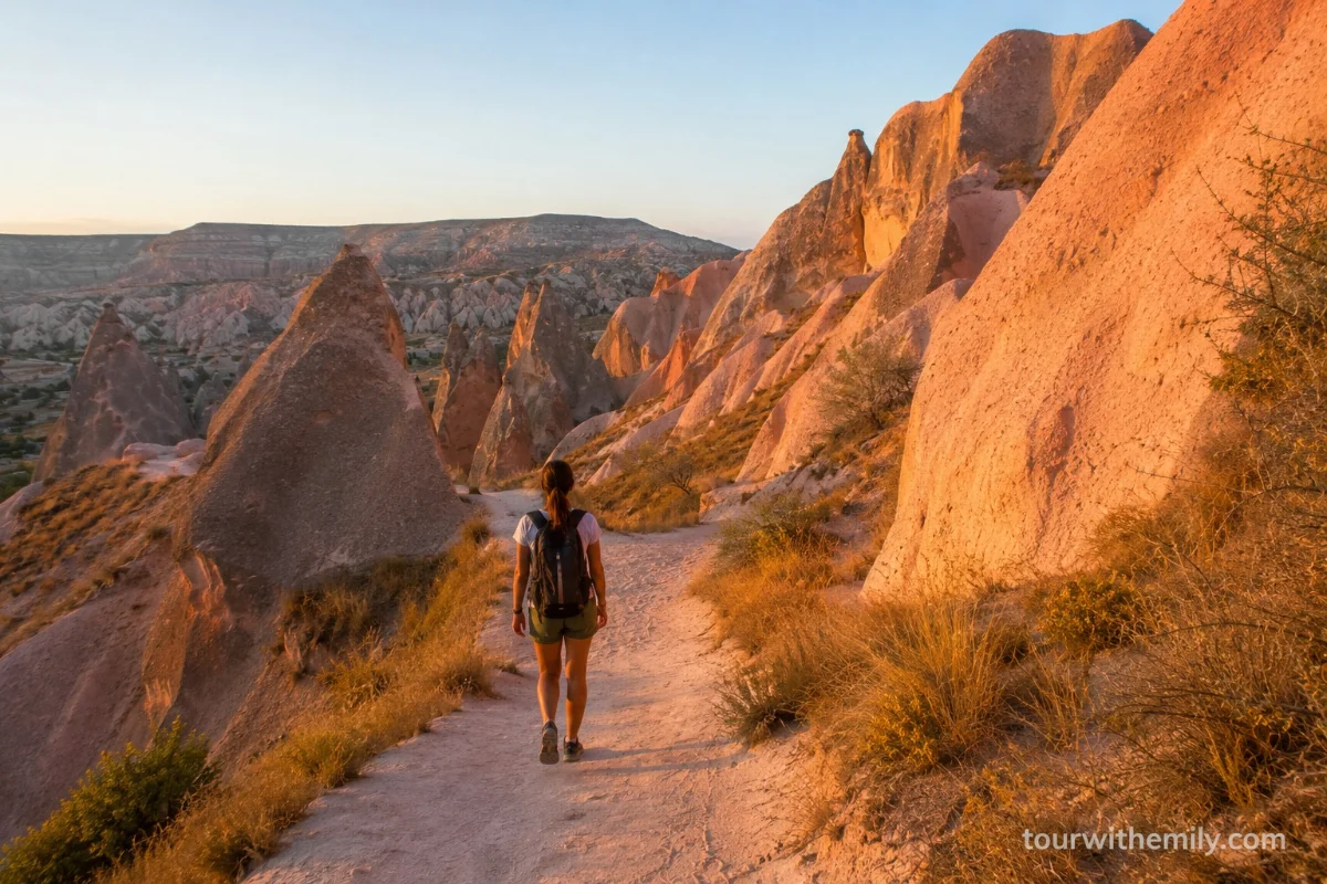 Hiker walking through Rose Valley Cappadocia at sunset with fairy chimneys in the background
