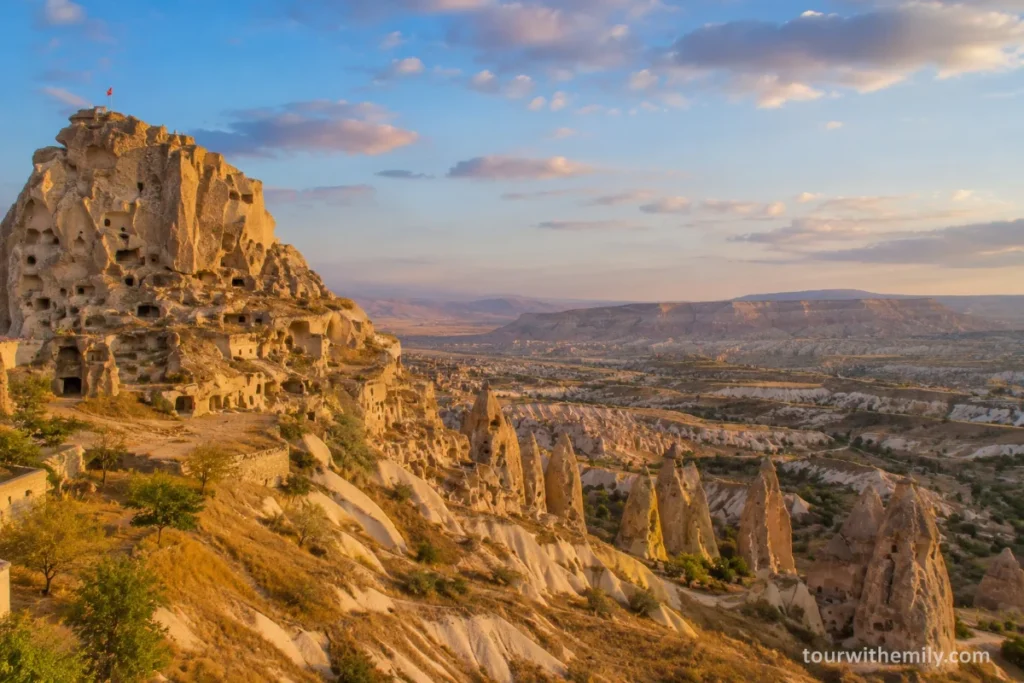 Panoramic view of Cappadocia valley from Uçhisar with rock citadel and fairy chimneys