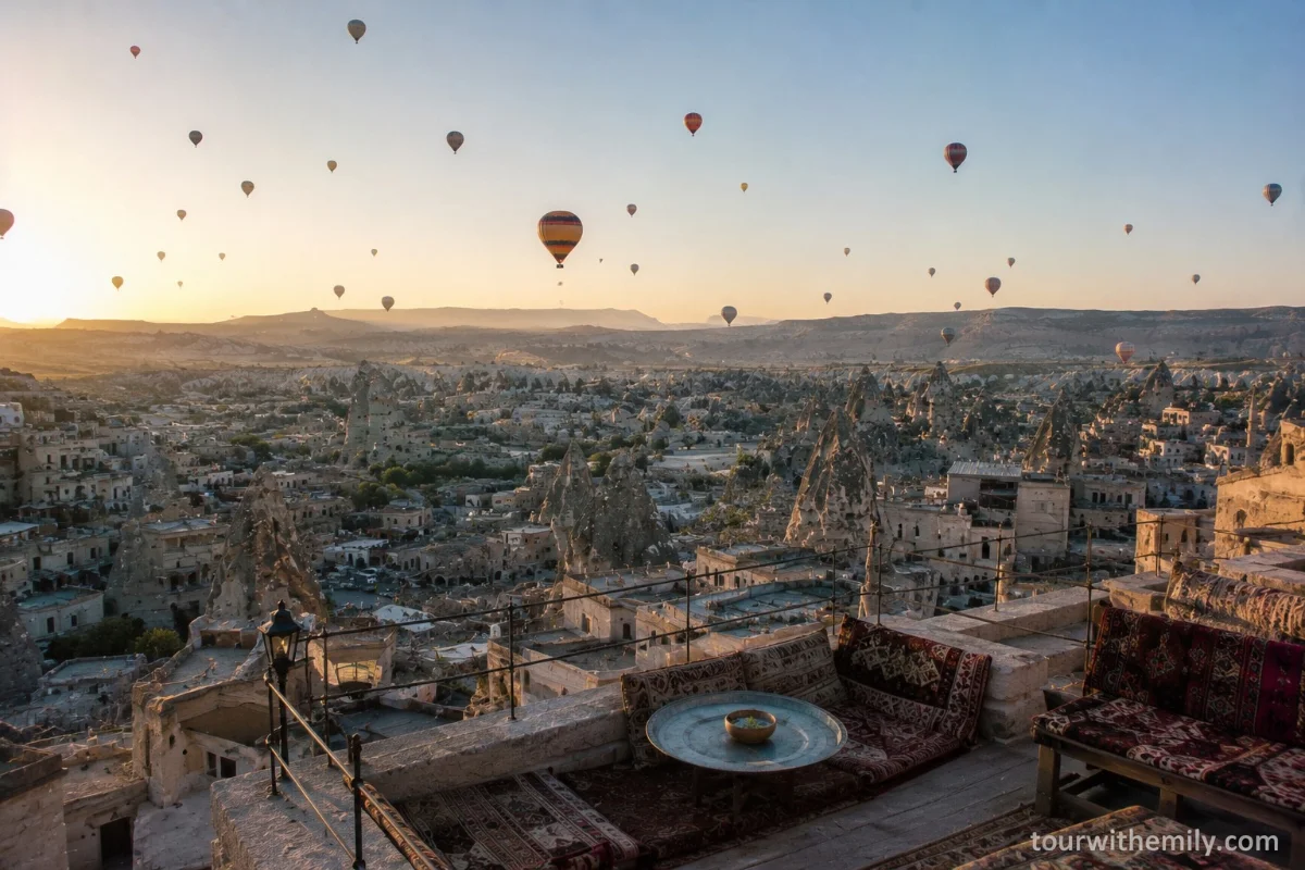 Hot air balloons floating over cave hotels in Göreme, Cappadocia at sunrise