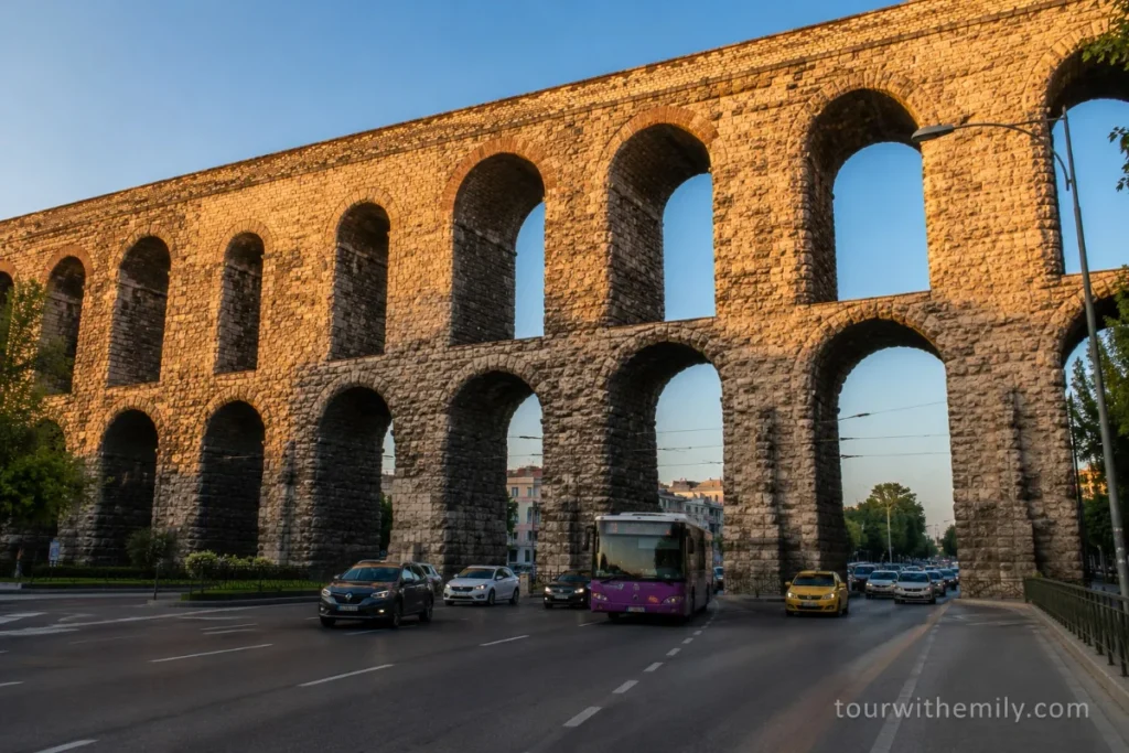 The ancient Aqueduct of Valens with two tiers of stone arches stretching over modern traffic on Atatürk Boulevard in Istanbul