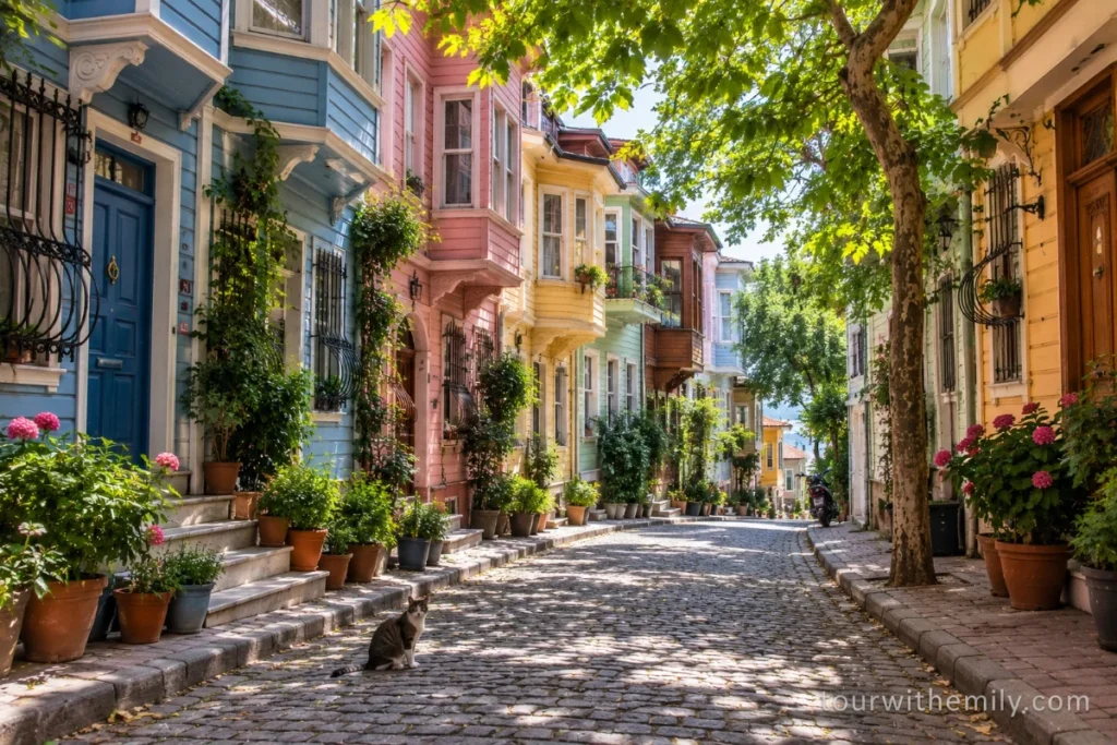 A narrow street in Kuzguncuk Istanbul lined with colorful painted wooden Ottoman-era houses
