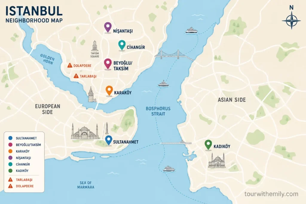 Illustrated map of Istanbul showing safe tourist neighborhoods including Sultanahmet, Beyoğlu, Karaköy, Kadıköy and the Bosphorus dividing European and Asian sides