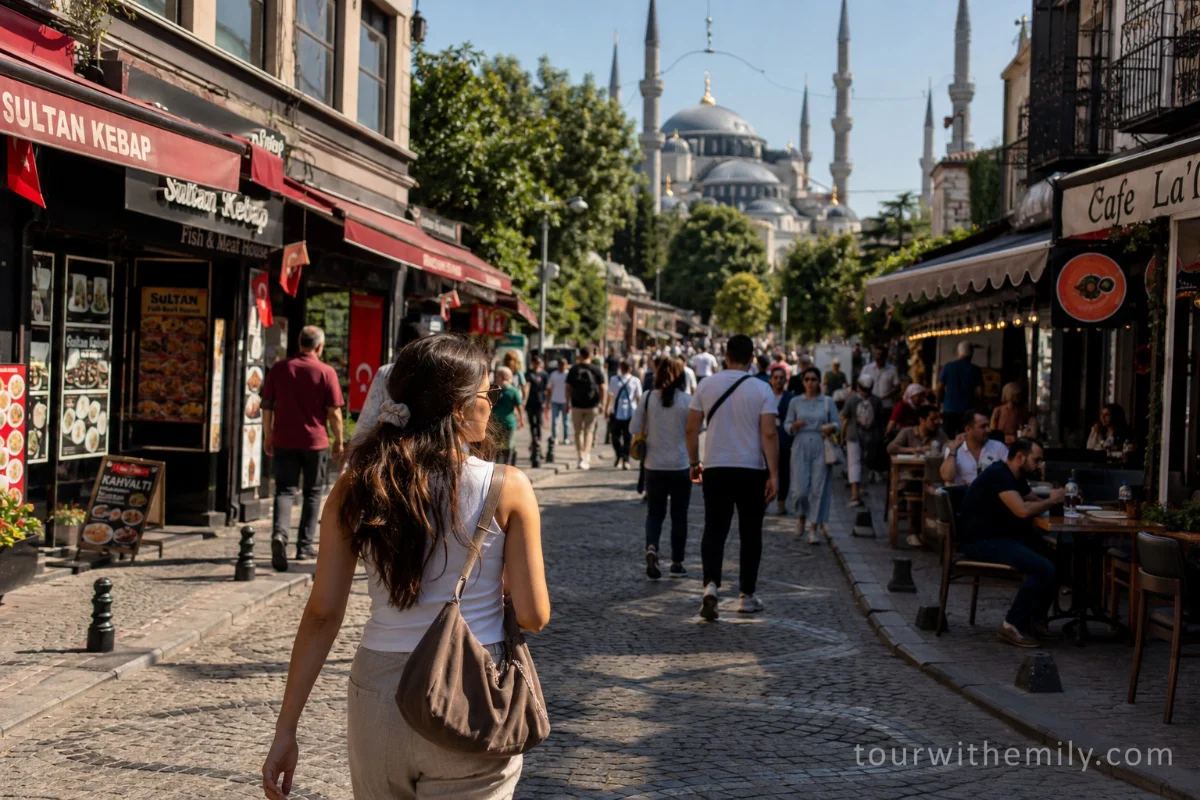 Solo female traveler walking on a cobbled street in Sultanahmet Istanbul with mosque visible in the background