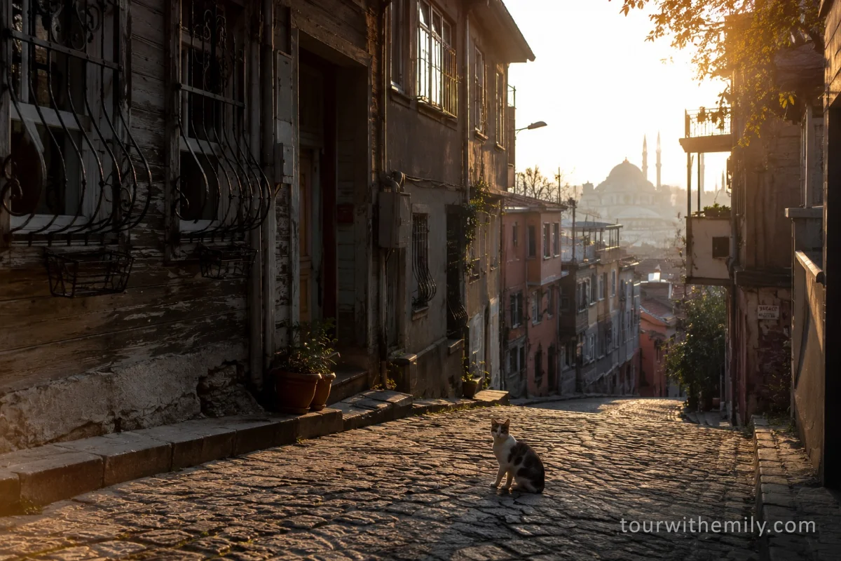 A quiet cobblestone backstreet in Istanbul with warm morning light filtering through old Ottoman buildings