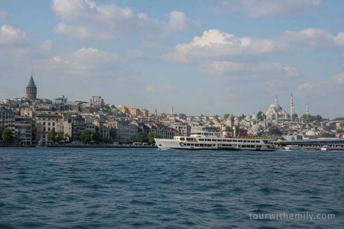 Istanbul skyline from the Bosphorus showing European side with mosque domes, minarets and waterfront neighborhoods