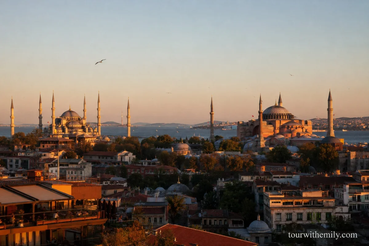 Hagia Sophia and Blue Mosque side by side in Sultanahmet Istanbul at golden hour with minarets against a warm sky