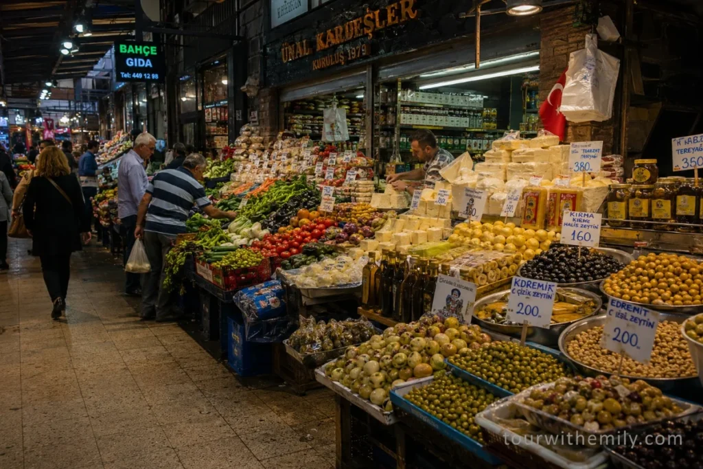 Kadıköy food market in Istanbul Asian side with fresh produce vegetables and local vendors on a busy market street