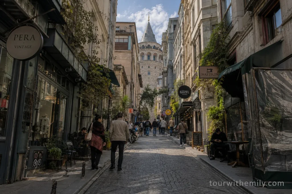 Narrow cobbled street in Galata neighborhood Istanbul with the Galata Tower visible above the rooftops