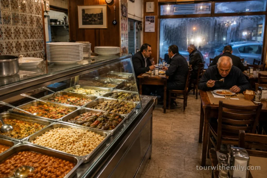 A traditional Istanbul lokanta with dishes displayed behind a glass counter and simple tables with paper placemats on a backstreet