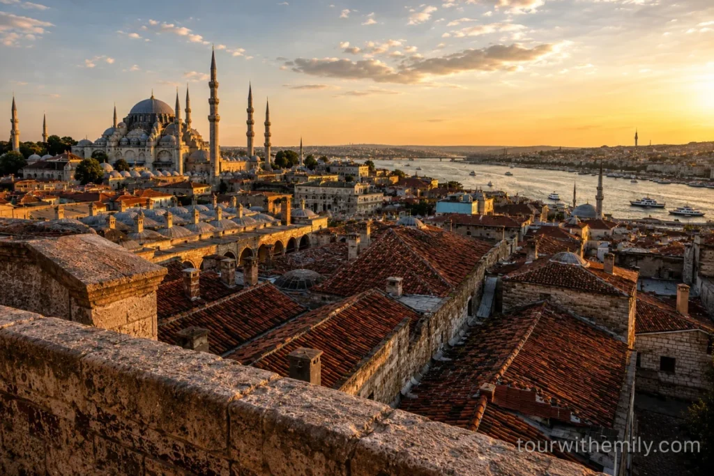 Panoramic rooftop view from Büyük Valide Han in Istanbul showing Süleymaniye Mosque and the Golden Horn