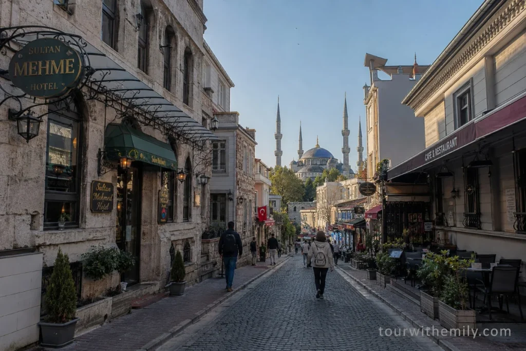 Narrow cobbled street in Sultanahmet Istanbul with the Blue Mosque minarets visible above the rooftops