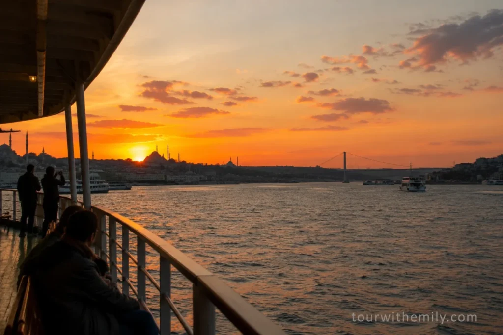 Public ferry crossing the Bosphorus at sunset with the Istanbul skyline and bridge in the background