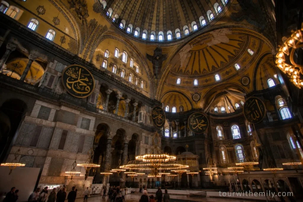 Interior dome of Hagia Sophia with Byzantine mosaics and Ottoman calligraphy medallions, Istanbul