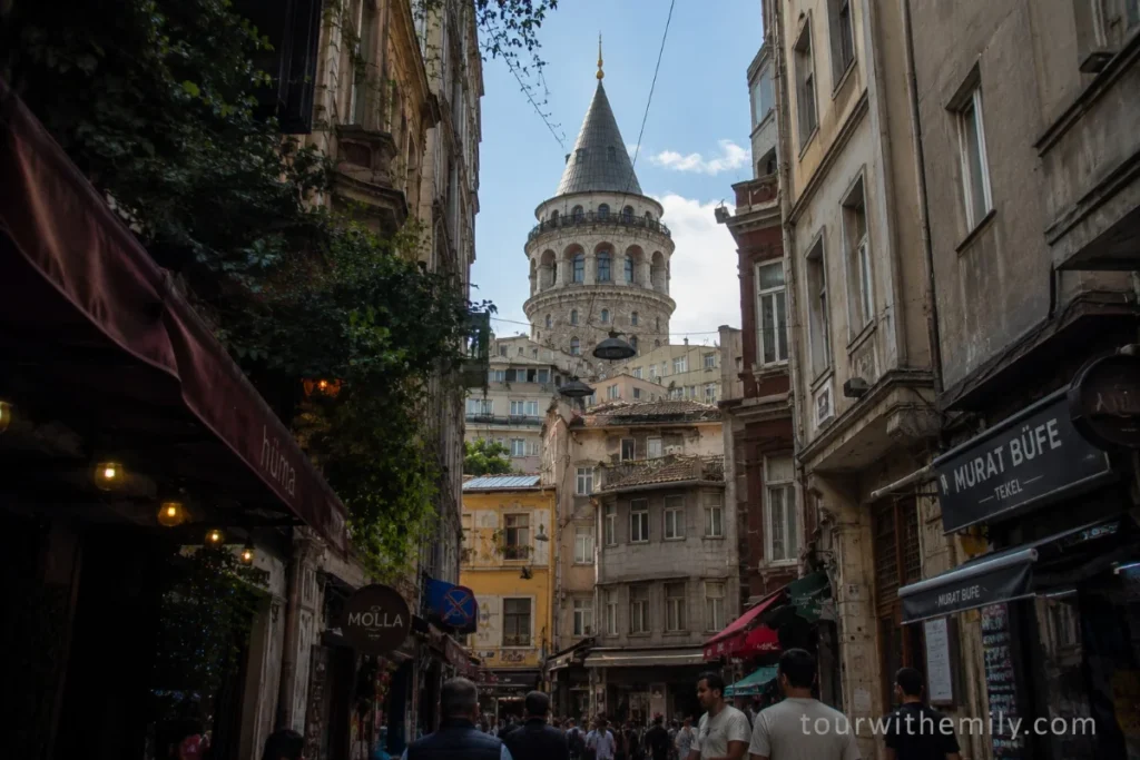 Galata Tower rising above the rooftops and narrow streets of Karaköy, Istanbul