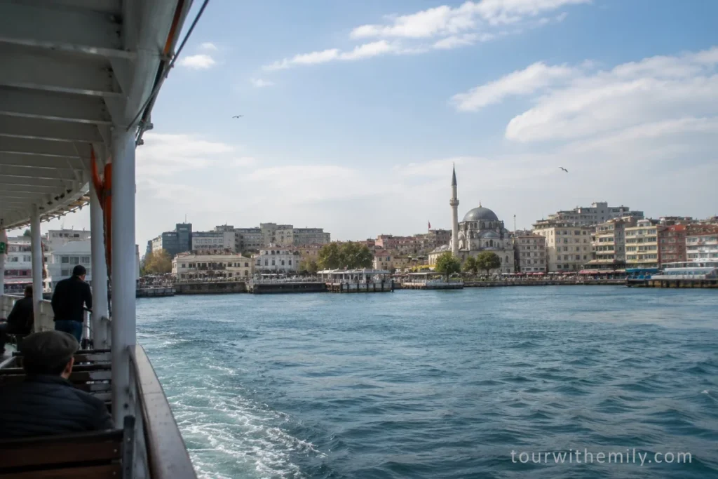 Ferry approaching Kadıköy on the Asian side of Istanbul with the waterfront skyline ahead