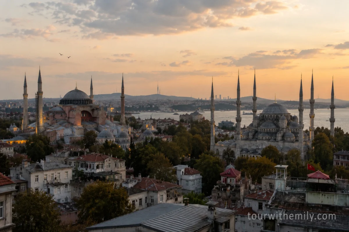 Hagia Sophia and Blue Mosque skyline at golden hour in Sultanahmet, Istanbul