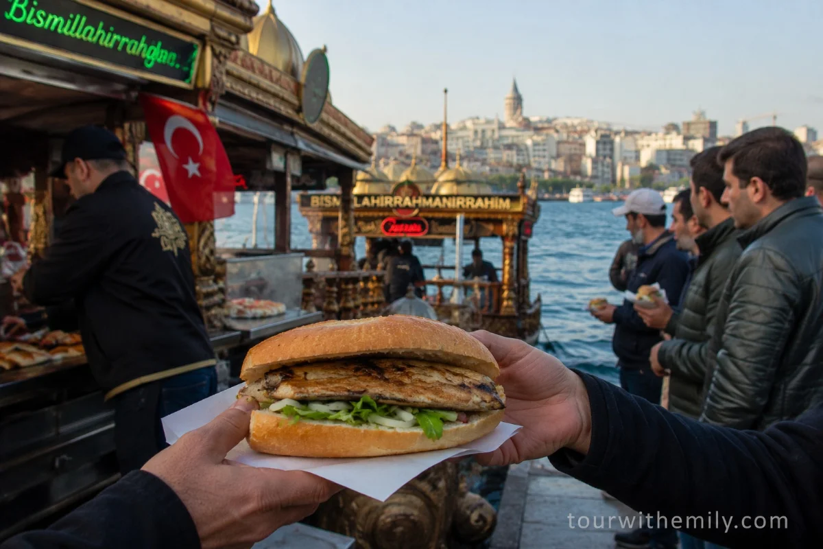 Grilled fish sandwich balık ekmek being served from a boat at the Galata Bridge in Istanbul with the Bosphorus in the background