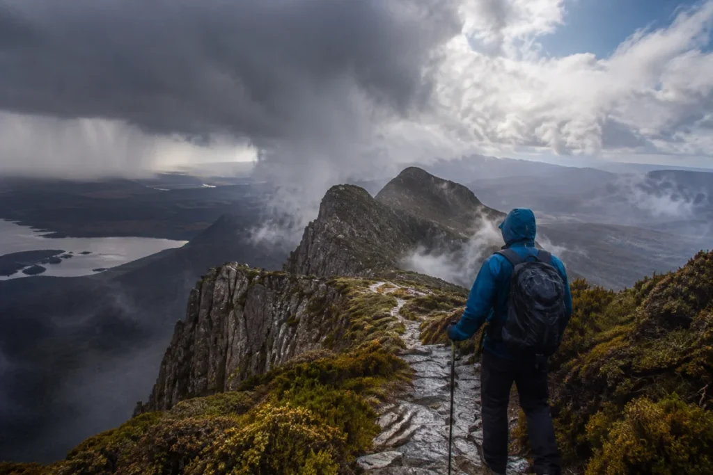 Hiker prepared for changing weather in Tasmania