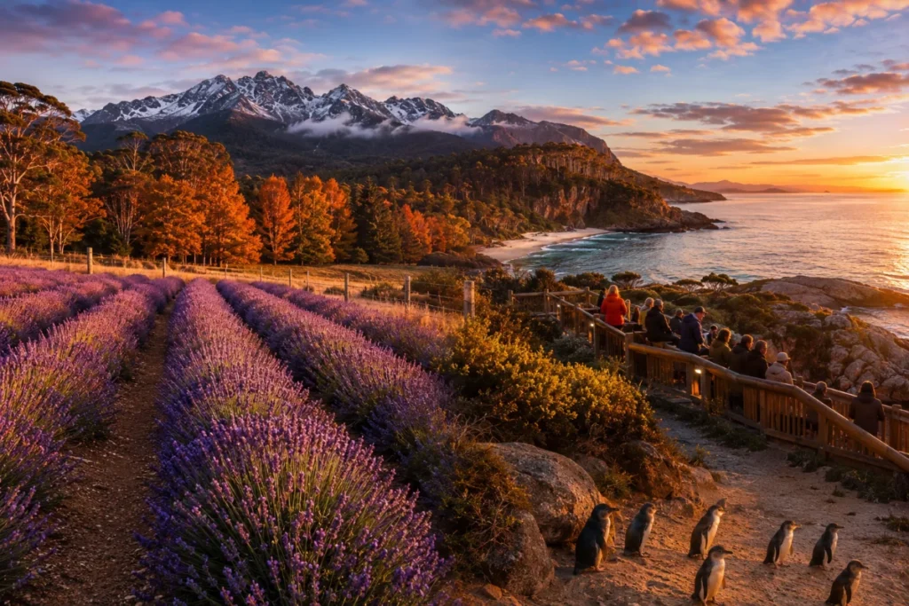 Tasmania seasonal experiences including lavender fagus penguins and snow